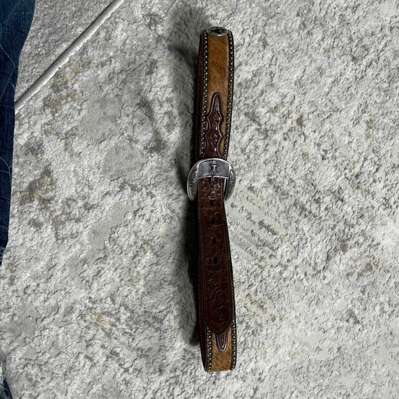 Mens Western Genuine Leather Hair-on Cowhide Belt Silver Buckle Cross - Picture 7 of 10